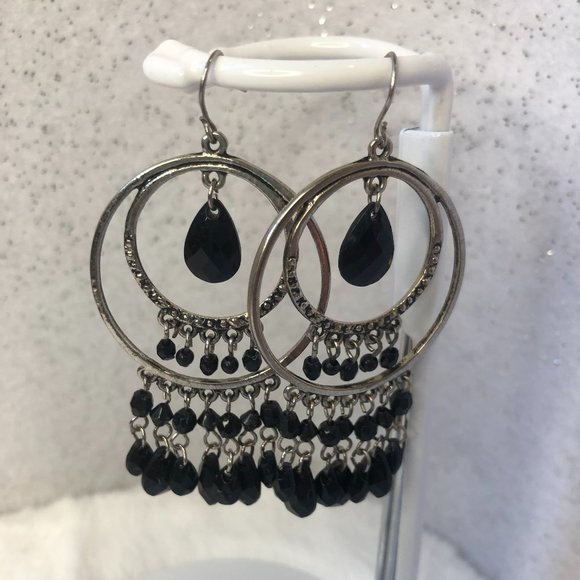 Silver Dreamcatcher Earrings with Black Jewels - Picture 1 of 3